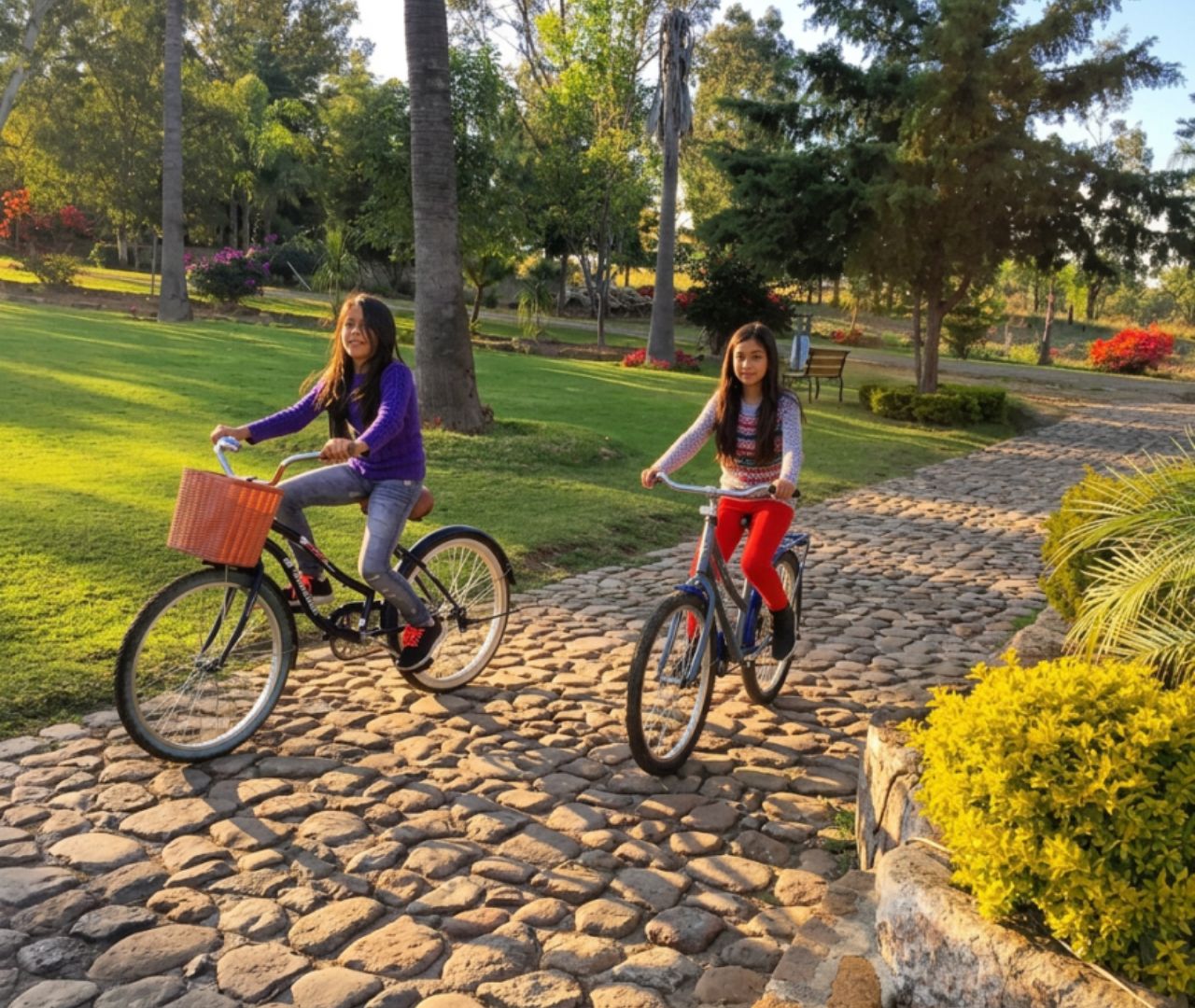 Niñas en bicicleta por los jardines