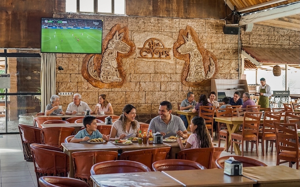 Familias comiendo bajo el mural de los coyotes